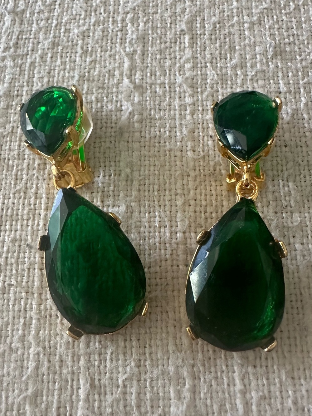 Kenneth Jay Lane Gold-Tone Emerald Green Teardrop Clip-On Earrings - Picture 2 of 10